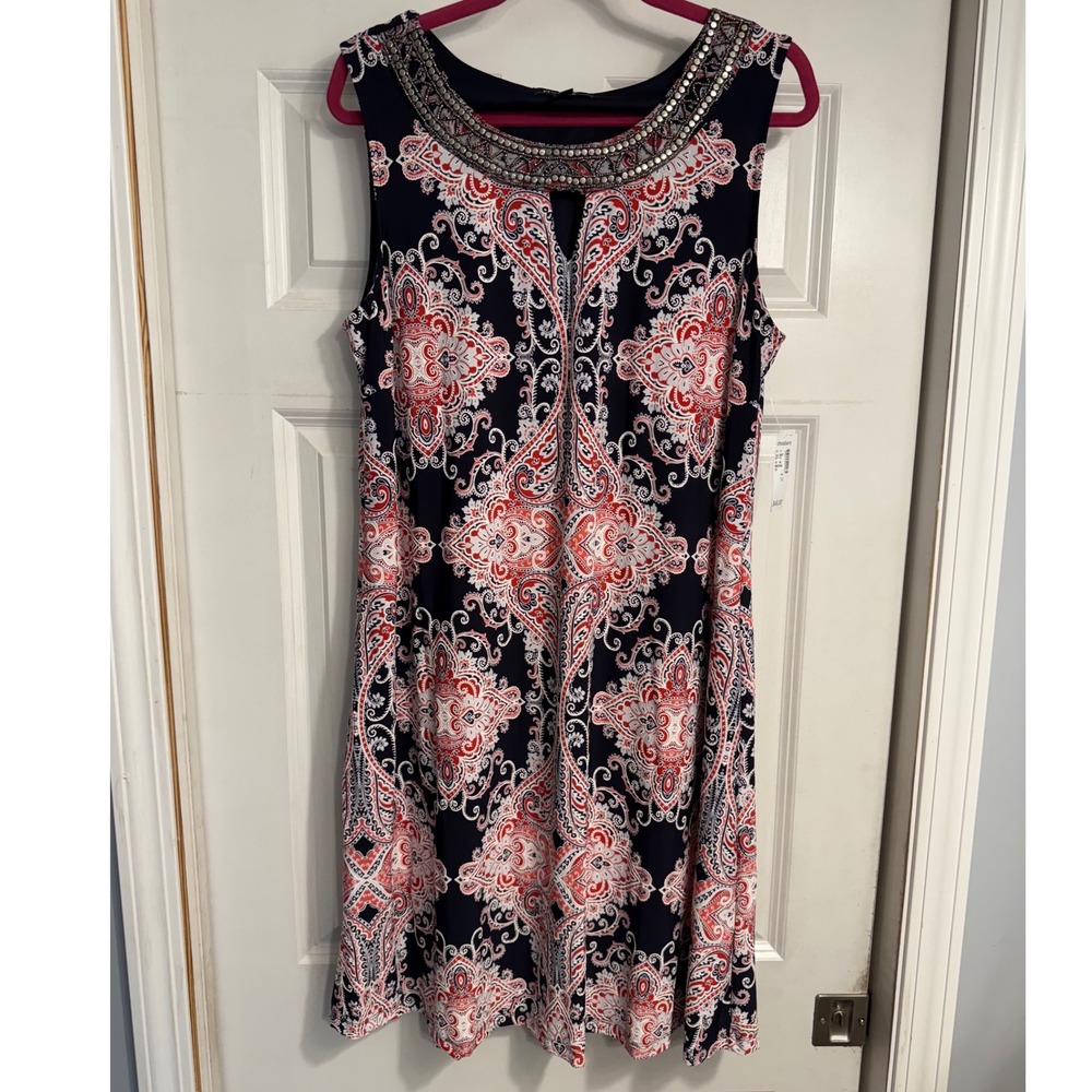 Roz & Ali Women's Size 14 Navy Red Paisley Beaded Neckline Sleeveless Dress